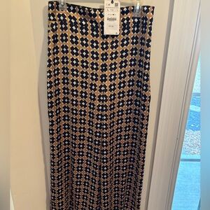 Zara Beige and Navy Geometric Wide Leg Pants